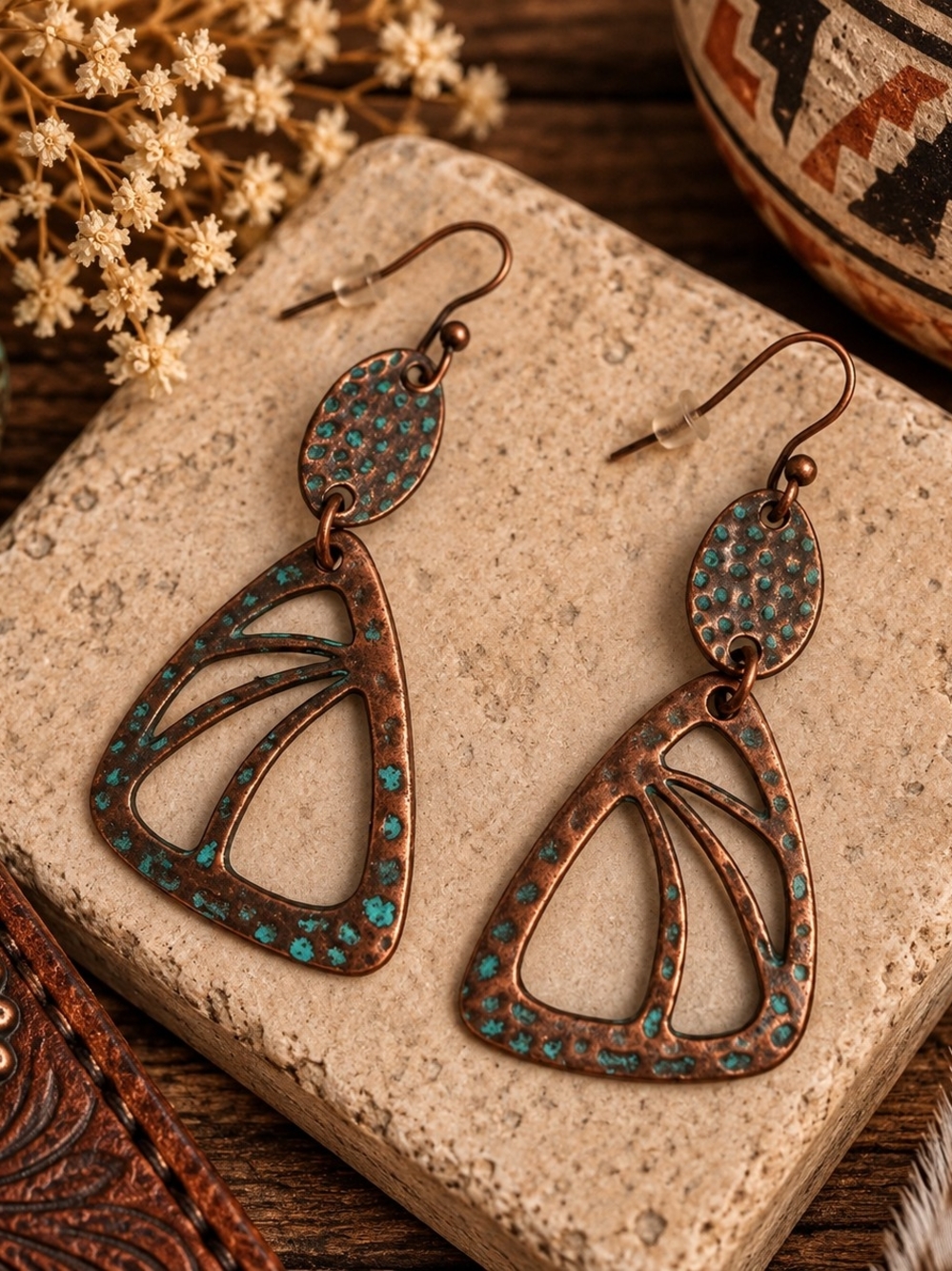 Vintage-Inspired Turquoise Patina Copper Drop Butterfly Wing Earrings New
